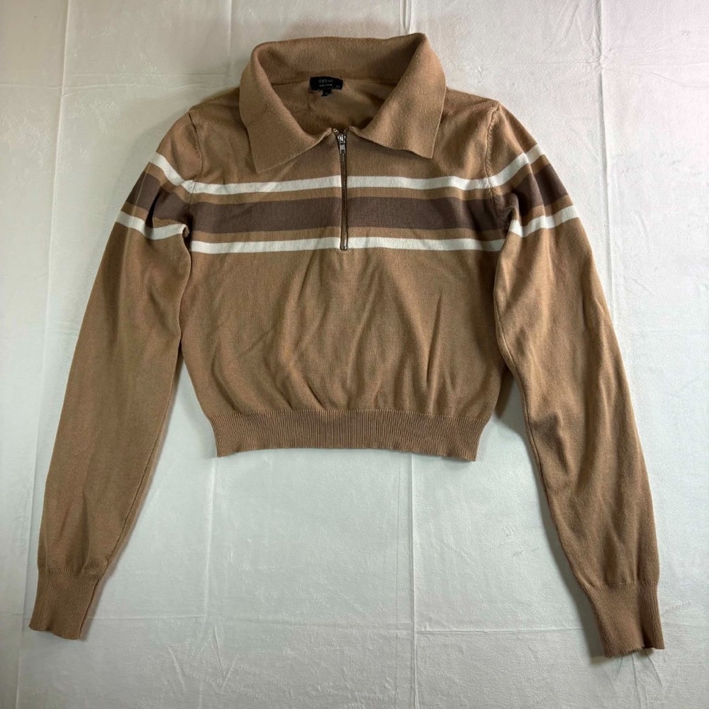 Debut Sweater Womens Extra Small XS Brown Tan Stripe Quarter Zip Cropped Collar